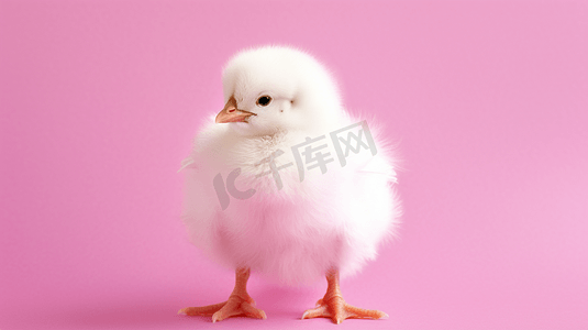 粉色背景上的一只白色小鸡