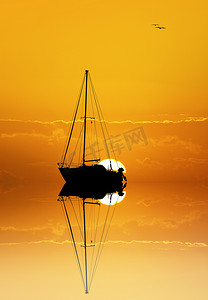 大海种族摄影照片_夕阳下大海中的小船