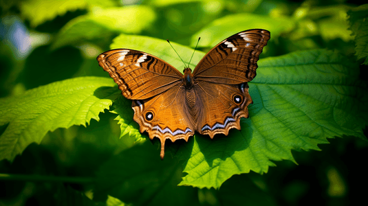 绿叶上的棕色蝴蝶