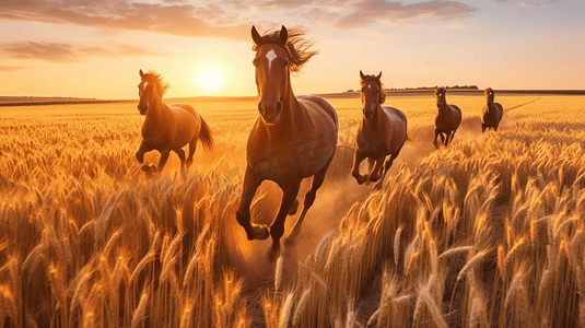 奔跑乌龟摄影照片_一群棕色马匹在麦田里奔跑