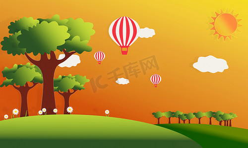 夏季山丘和田野的矢量，有树木和气球。