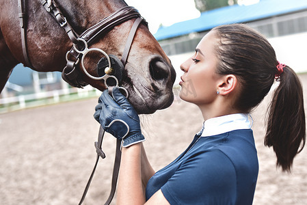 骑师摄影照片_关闭拥抱一匹马的骑师女人的手。