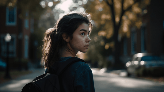 托管招生摄影照片_大学生校园生活女孩回头