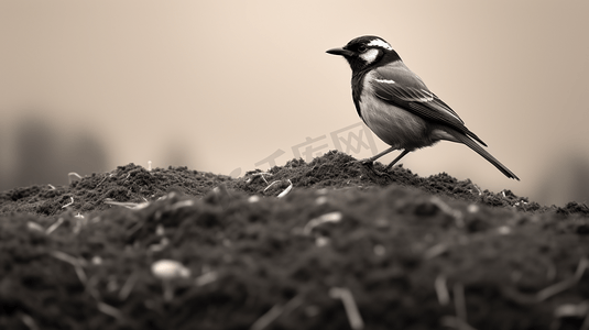 一只黑白相间的鸟坐在一堆泥土上
