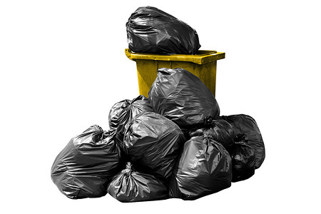 垃圾袋垃圾黄色，垃圾桶，垃圾，垃圾，垃圾，塑料袋堆隔离在背景白色