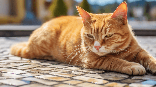 橘猫白天躺在水泥地板上