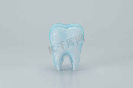 白色牙齿上有蓝色保护膜，3d 渲染。