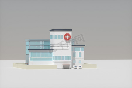 具有白色背景、抽象概念、3d 渲染的医院模型。
