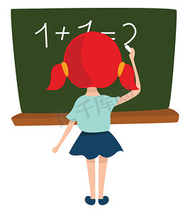 矢量学校背景摄影照片_做数学的女孩，插图，白色背景上的矢量