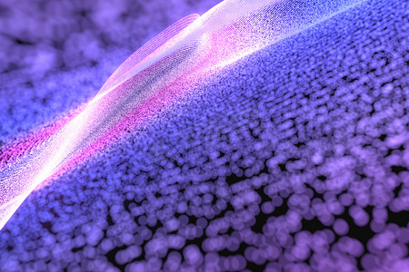 具有深色背景的紫色霓虹粒子，3d 渲染。