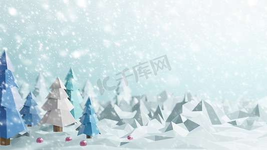 25d装饰摄影照片_冬天下雪的圣诞树低聚 3D 仁德