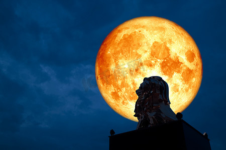黑色剪影狮子摄影照片_红血月背剪影狮子状态夜空