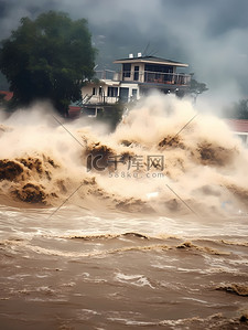 极端天气背景图片_极端天气海啸淹没村庄自然灾害摄影图