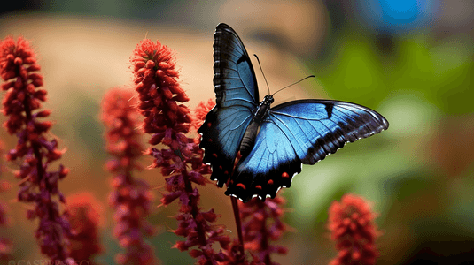 一只黑蓝相间的蝴蝶坐在植物的顶端