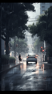 汽车街道背景图片_阴雨天的城市街道树木暴雨