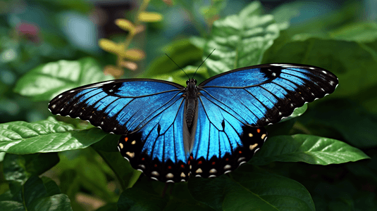 一只黑蓝相间的蝴蝶坐在植物的顶端