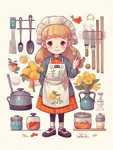 温暖女孩背景图片_烹饪女孩温暖手账卡通清新可爱贴纸