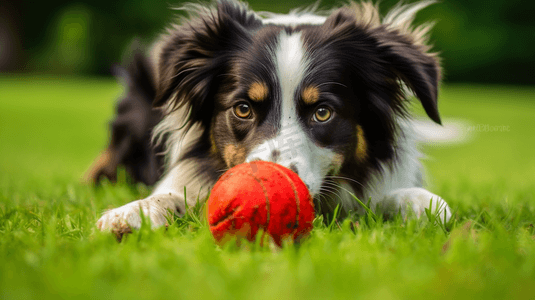 白天，黑色、白色和棕色的狗在绿色的草地上咬红球