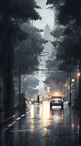 下雨暴雨背景图片_阴雨天的城市街道树木暴雨