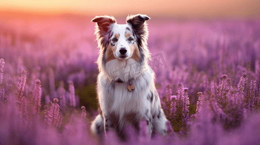 一只灰白相间的狗站在一片紫色的花丛中