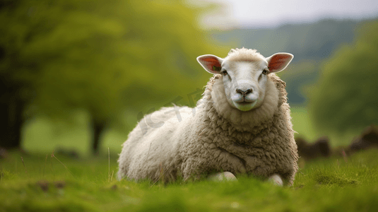 坐在草地上的白色绵羊