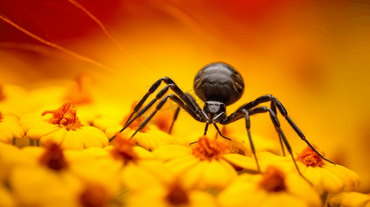 黑蜘蛛摄影照片_黑蜘蛛栖息在黄花上