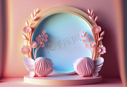 用于产品促销的带有花卉装饰的讲台的 3D 插图