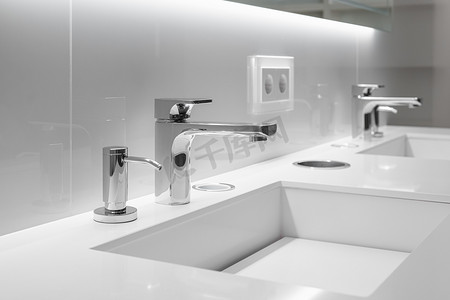 白色浴室里两个带水龙头的时尚水槽的特写，配有斜角镜子和背光。