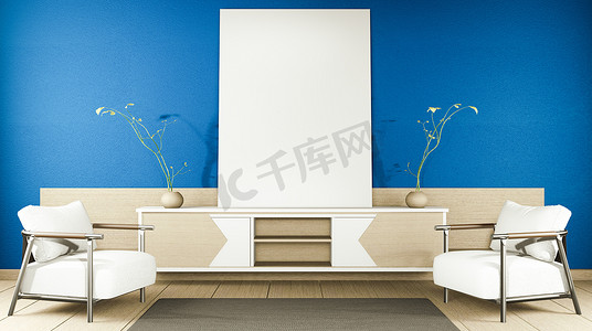 深蓝色背景简约摄影照片_禅宗现代空深蓝色房间，简约设计日式风格。 