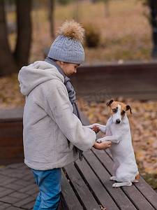 牵狗散步摄影照片_白人女孩牵着狗的爪子在秋季公园散步。