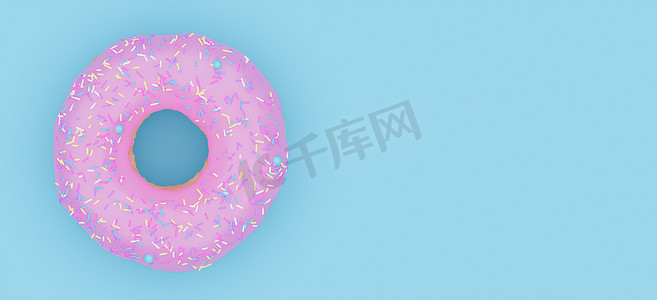 平躺美味的粉红色釉面甜甜圈，在蓝色柔和的颜色横幅背景上洒上彩色的甜甜圈，并带有复制空间。，3D 模型和插图。