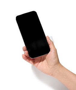 手机触屏手摄影照片_一位女士的手握着一部智能手机，其白色孤立背景上有空白的黑屏
