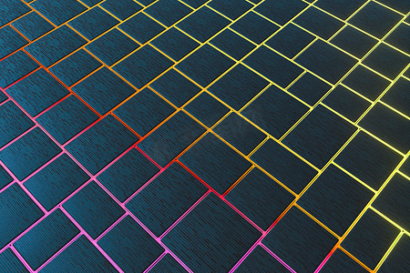 瓷砖十字摄影照片_具有彩色发光间隙的瓷砖立方体，3D 渲染。