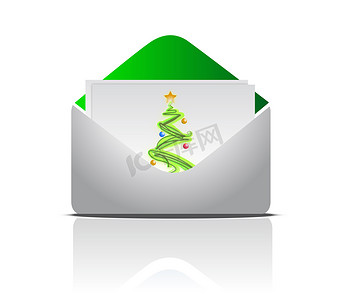 明信片背面设计摄影照片_圣诞明信片装在一个信封内，隔离在白色背面