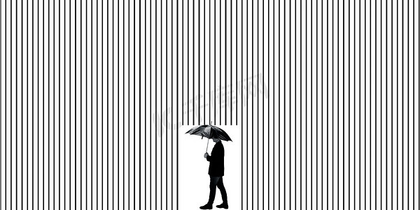 照片中，一个穿着西装、撑着雨伞的男人走在一些幻象附近，比如背景中他身后的墙。