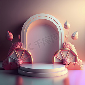 促销背景舞台摄影照片_用于商店产品促销的带有抽象花环装饰的讲台的 3D 插图