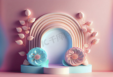 促销背景舞台摄影照片_用于产品促销的带有花卉装饰的讲台的 3D 插图