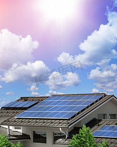 绿色可持续摄影照片_屋顶太阳能电池板可持续能源