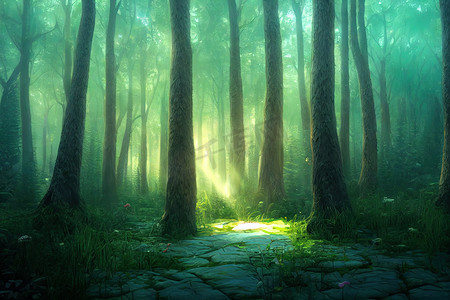 大气迷人的幻想童话森林背景，3d