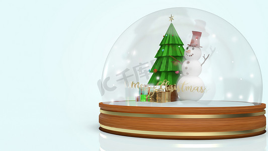 仿真水晶球摄影照片_雪水晶球圣诞节内容 3D 渲染。