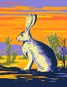 加利福尼亚州莫哈韦沙漠约书亚树国家公园的美国沙漠野兔 WPA 海报艺术