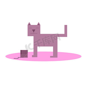 立方体浅紫色猫，有一个毛球。