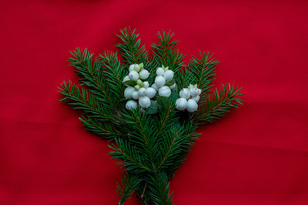 红色花束摄影照片_圣诞花束与冷杉树枝和红色背景上的白色山茱萸浆果。