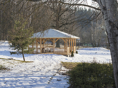 大型展馆摄影照片_冬季花园雪桦木中带长凳的大型木制壁龛凉亭