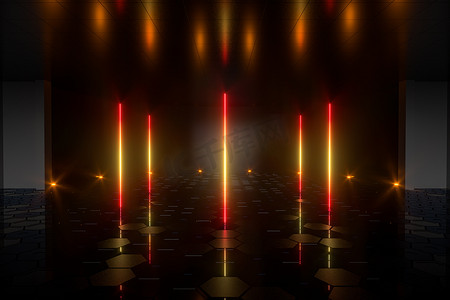 线科幻摄影照片_渐变发光线与黑暗的舞台背景，3D 渲染。
