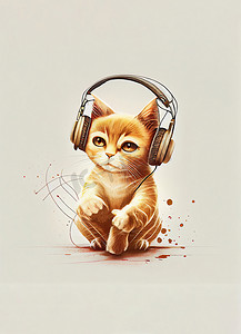 戴着大耳机的可爱姜猫，听音乐