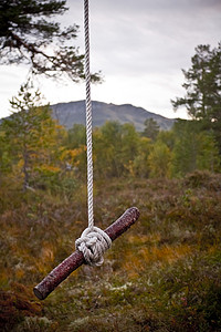 在挪威大自然中自建的自然秋千。
