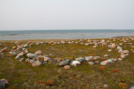阿尔维亚特以北哈得逊湾沿岸的因纽特人帐篷遗址，位于一个名为 Qikiqtarjuq 的地方