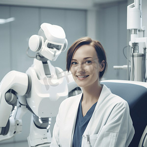 诊所中的肖像、医生和机器人，通过创新、微笑和人工智能创造未来的医疗保健。