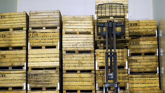 一台特殊的机器、装载机、叉车将装有苹果的大木箱放在仓库的一个特殊储藏室里。